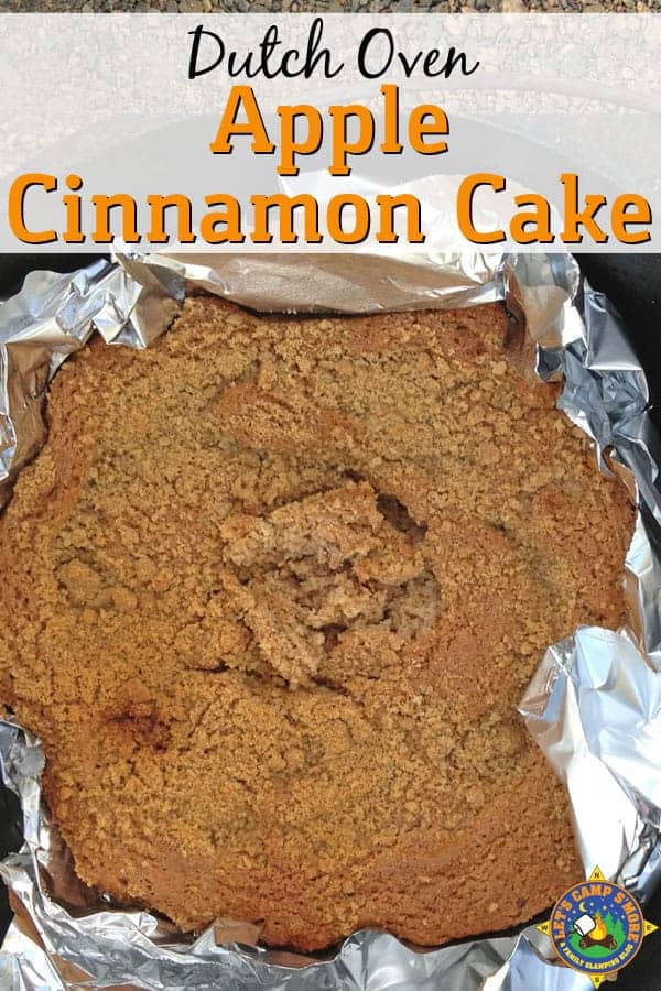 Dutch Oven Apple Cinnamon Cake Recipe for Camping - Here is an easy apple cinnamon cake recipe made in the dutch oven with a cake mix and a cup of apple sauce. It's a great camping dessert recipe.