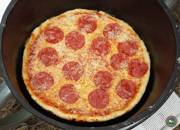close up of a pizza in a dutch oven