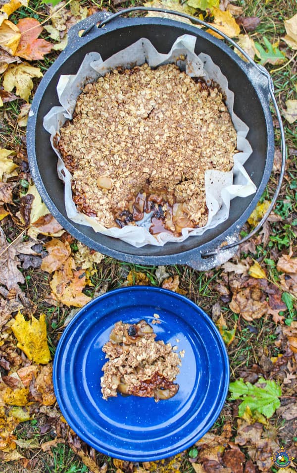 Apple Cobble Dutch Oven Camping Recipe with a serving on a blue plate