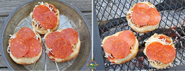 pepperoni mini pizza buns grilling over the campfire