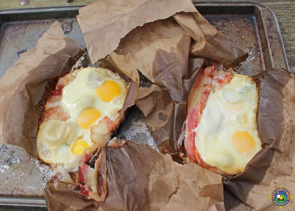 eggs and bacon cooked in a bag