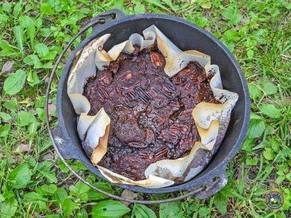 Caramel Turtle Dump Cake in a Dutch Oven