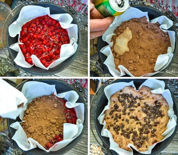 photo collage of how to make a Dutch oven chocolate cherry lava cake