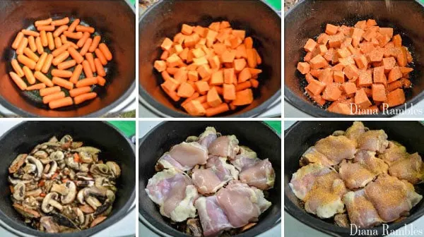 collage of preparation of the camping chicken in a Dutch oven