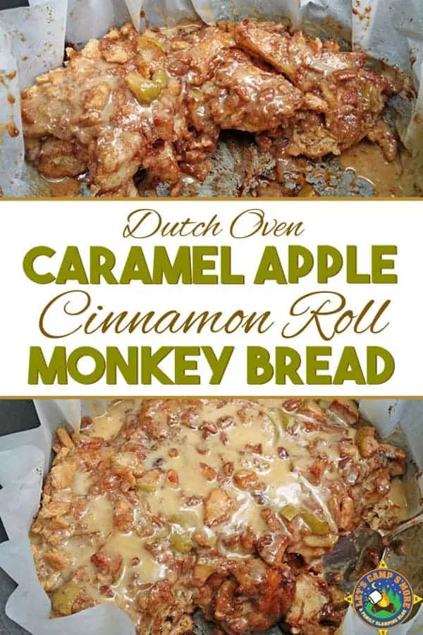 close up collage of Dutch Oven Caramel Apple Cinnamon Roll Monkey