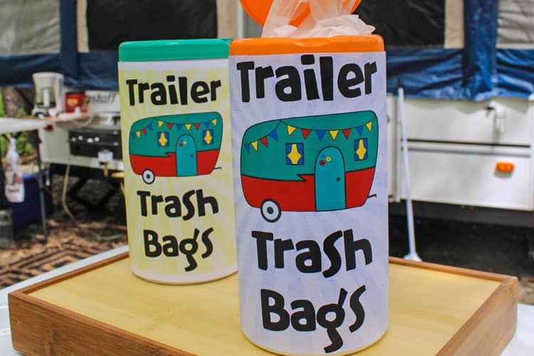 Trailer Trash Bags Free Printable Download - Use store bags for trash while camping? Use this Trailer Trash Bag printable to turn a disinfecting wipes container into a bag holder.