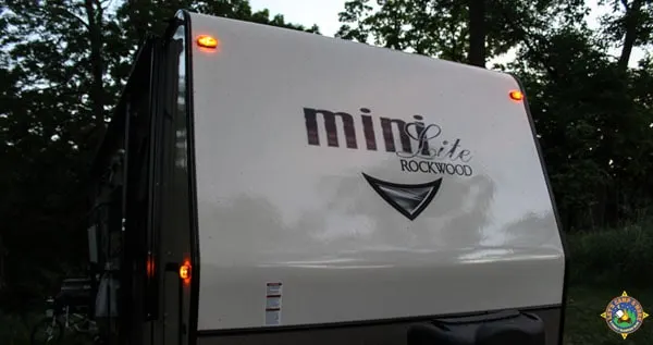 Rockwood Mini Light camper with it's running lights on when unhitched