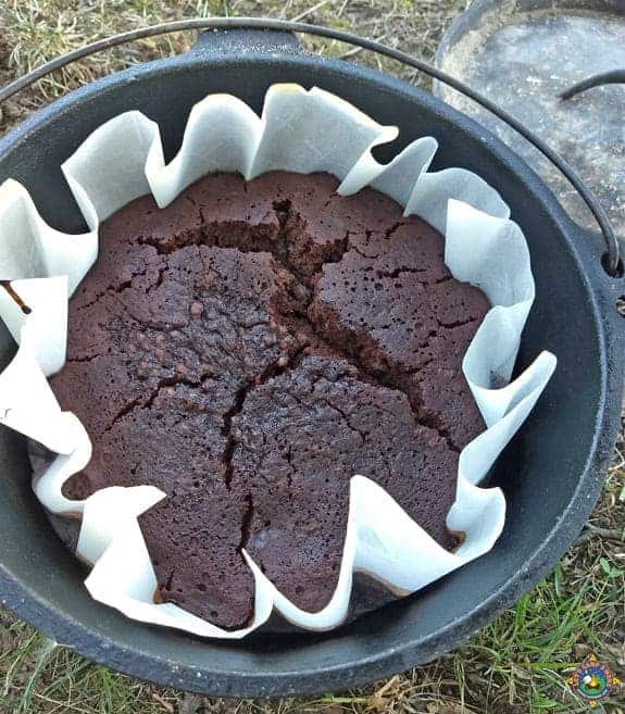 close up of brownies baked in a Dutch oven