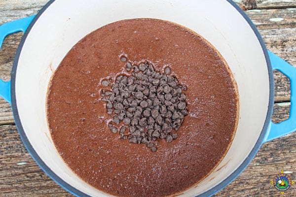 brownie batter with chocolate chips in it in a baking pot