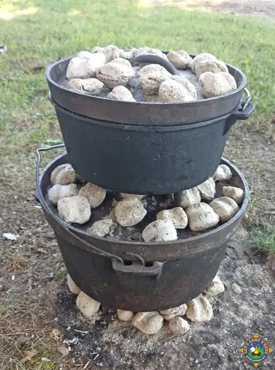 cooking with stacked Dutch ovens