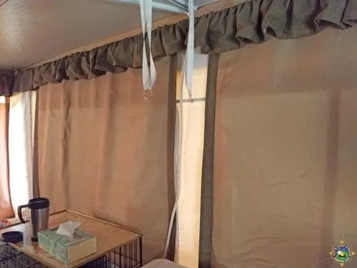brown curtains in a pop up camper