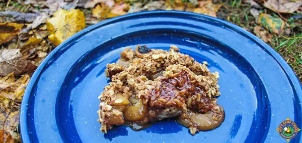 serving of Dutch oven Apple Crumble on a blue plate
