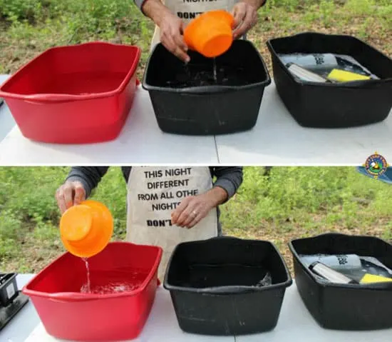 collage of how to wash camping dishes