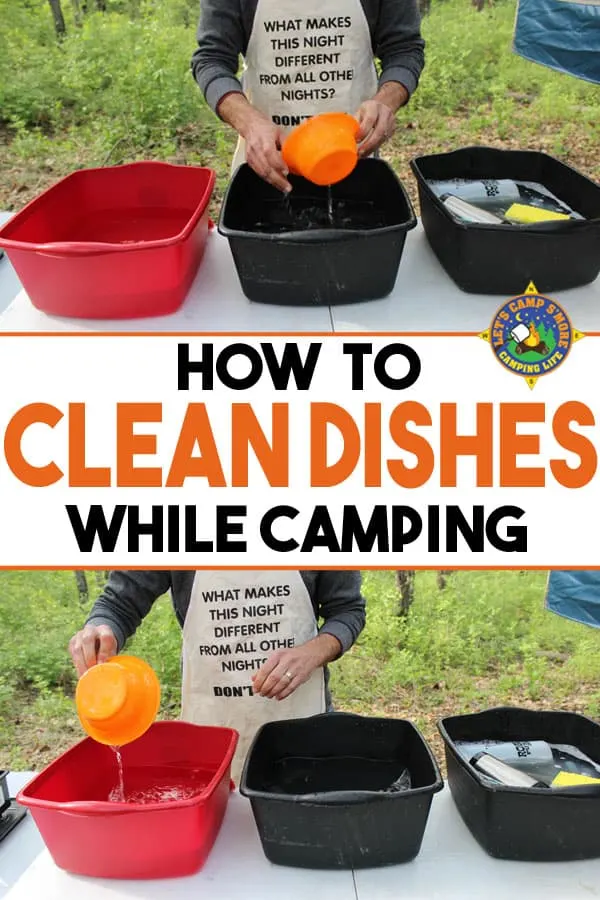 collage of camping dishes being washed