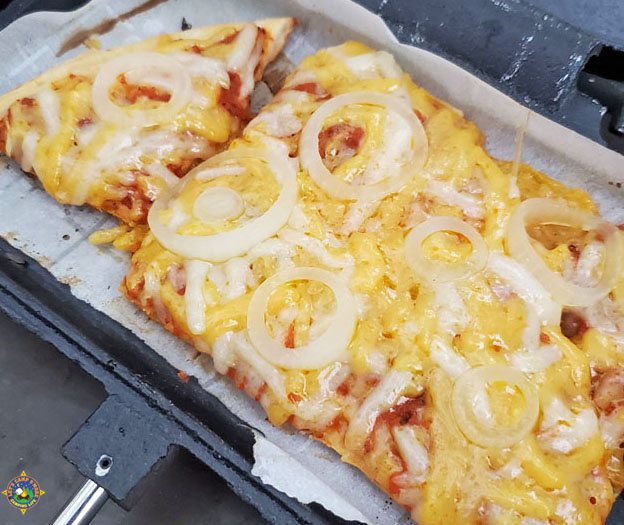 close up of a cheese pizza with onions
