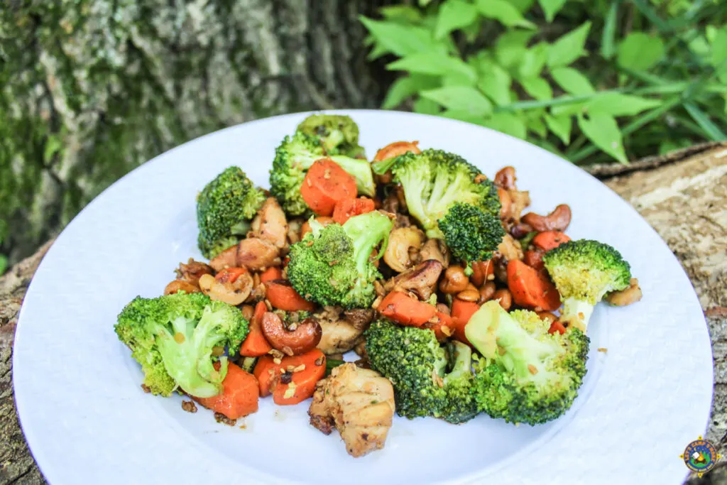 camping stir fry with fresh vegetables and chicken