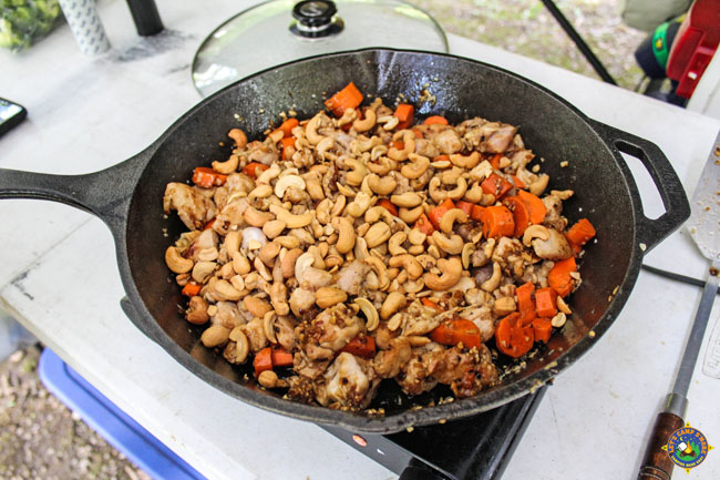 skillet with cashews and carrots
