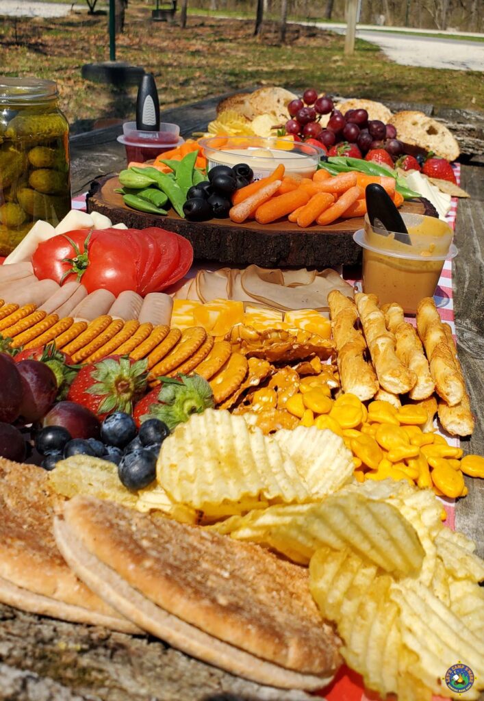 Close up of one side of a camping charcuterie board