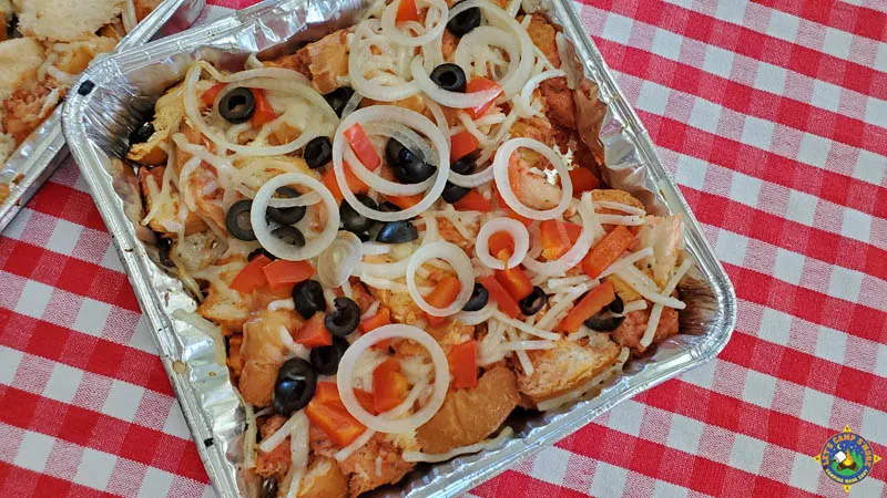 pan of vegetarian pizza bread made in a foil pan