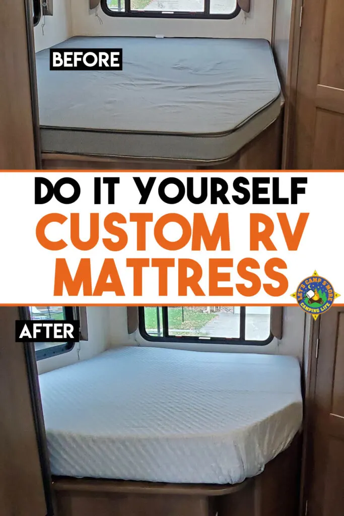 collage showing before and after of a DIY camper mattress replacement