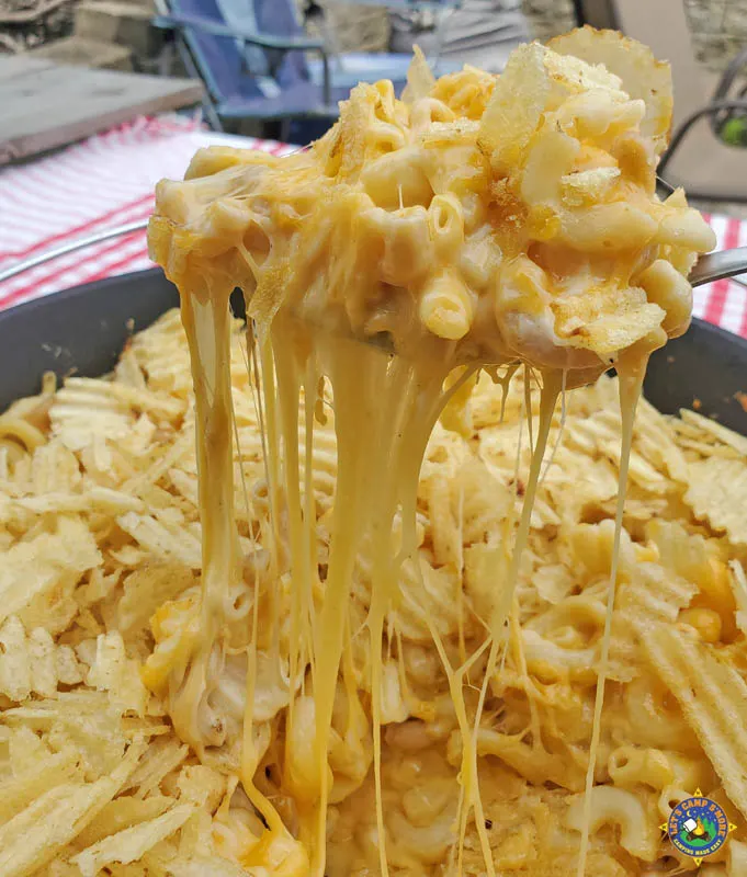 close up of a cheesy spoon of mac & cheese