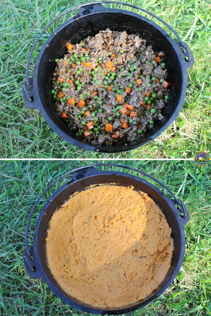 collage of how to make Shepherd's Pie in a Dutch oven