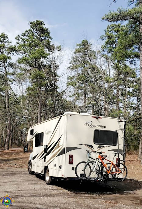 hitch bike rack with 2 bicycles on the back of a class c motorhome