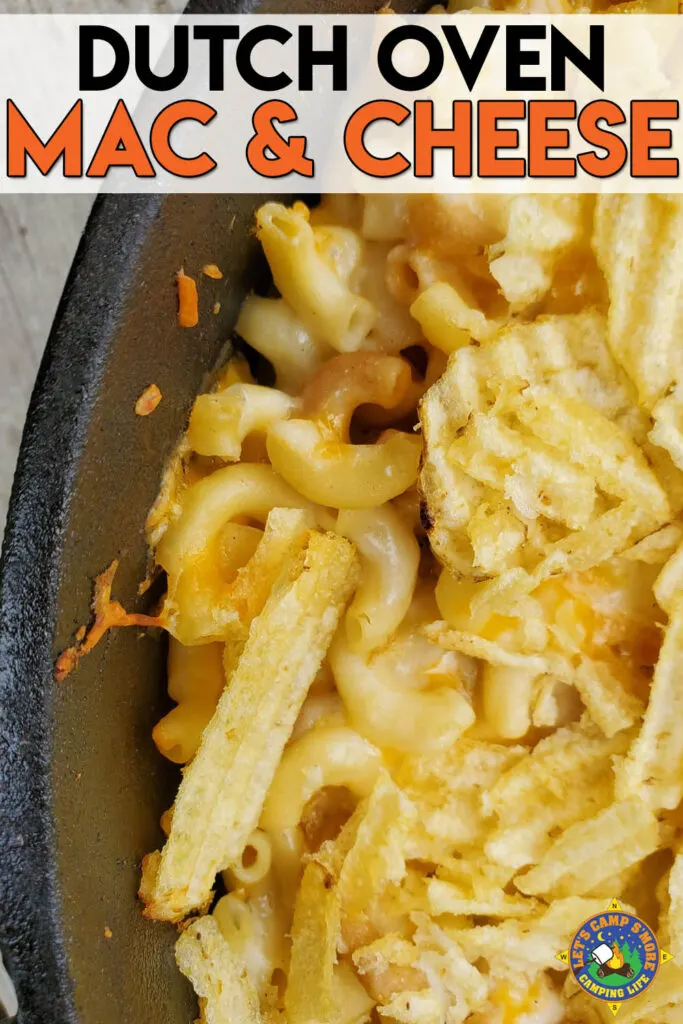 close up of a Dutch oven with macaroni and cheese with potato chips