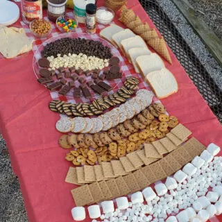 s'mores toppings laid out on a picnic table