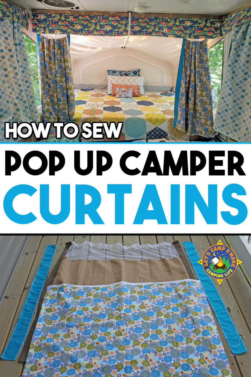 collage of 2 photos of pop up camper curtains