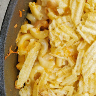 close up of macaroni and cheese in a Dutch oven