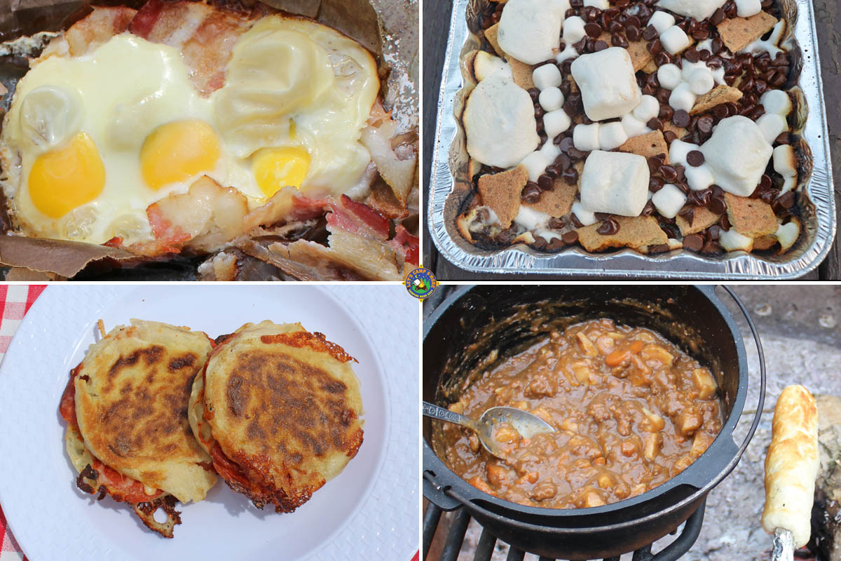 collage of four Easy and Frugal Camping Meals to Make over the Campfire