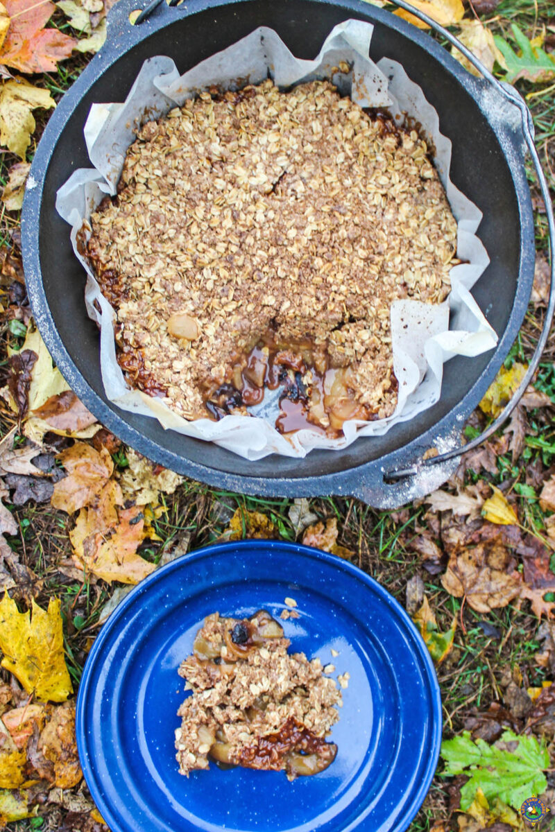 apple crumble in a dutch oven and on a plate