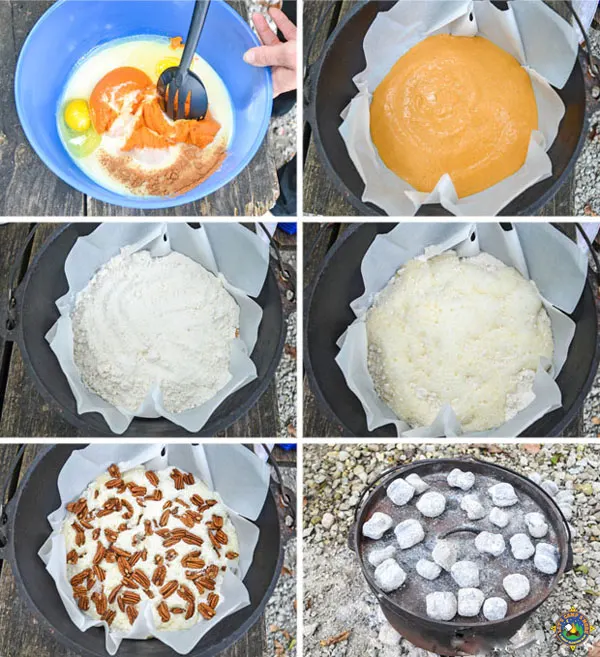 Collage of images of Directions for Dutch Oven Pumpkin Pie Cake