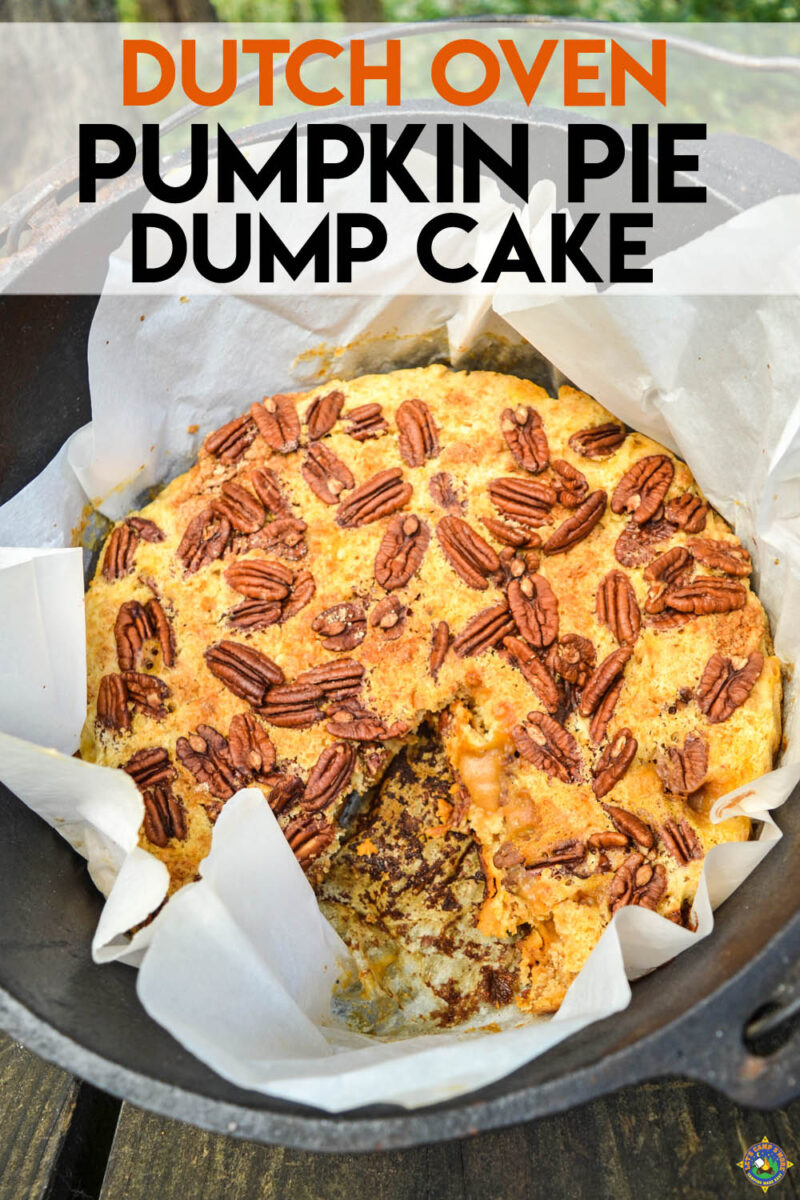 Dutch Oven Pumpkin Pie Dump Cake with Pecans on top
