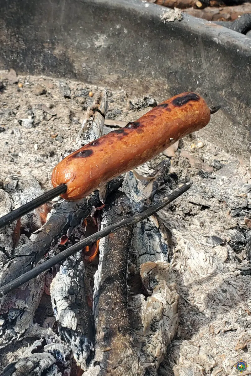 a hot dog roasting over a campfire