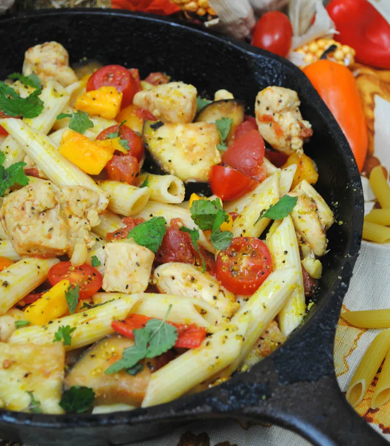 Vegetables and pasta in a skillet