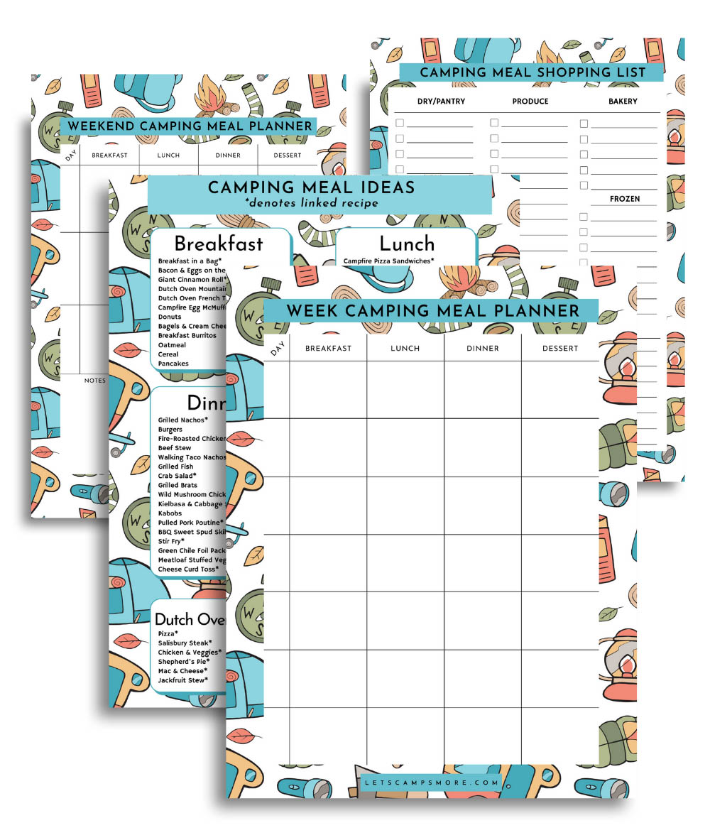 collage of free camping food printables