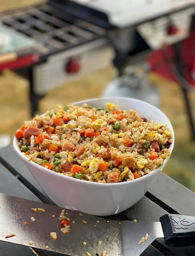 ham fried rice made on a griddle