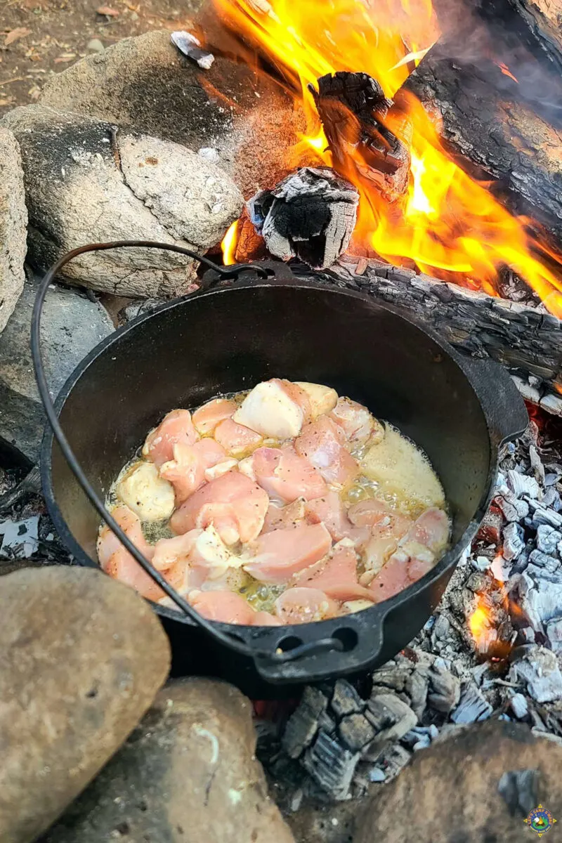 cooking chicken in dutch oven over a campfire