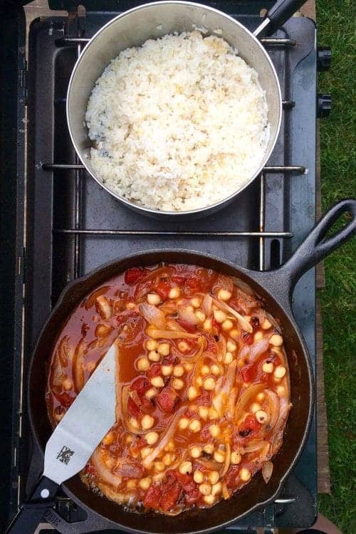 chana masala vegan made on a campfire stove