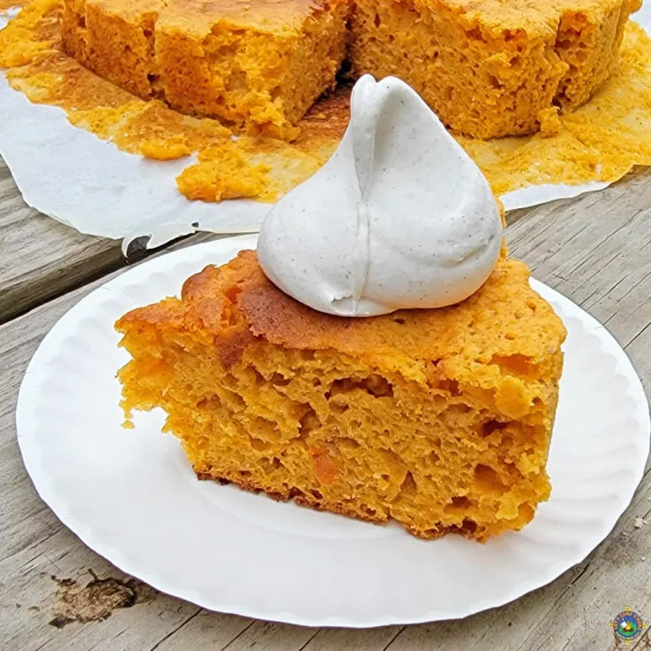 Slice of Pumpkin Cake with whipped cream next to the rest of the cake