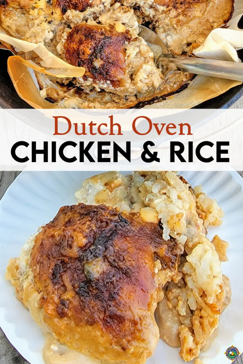 Dutch Oven Chicken & Rice with a serving on a paper plate