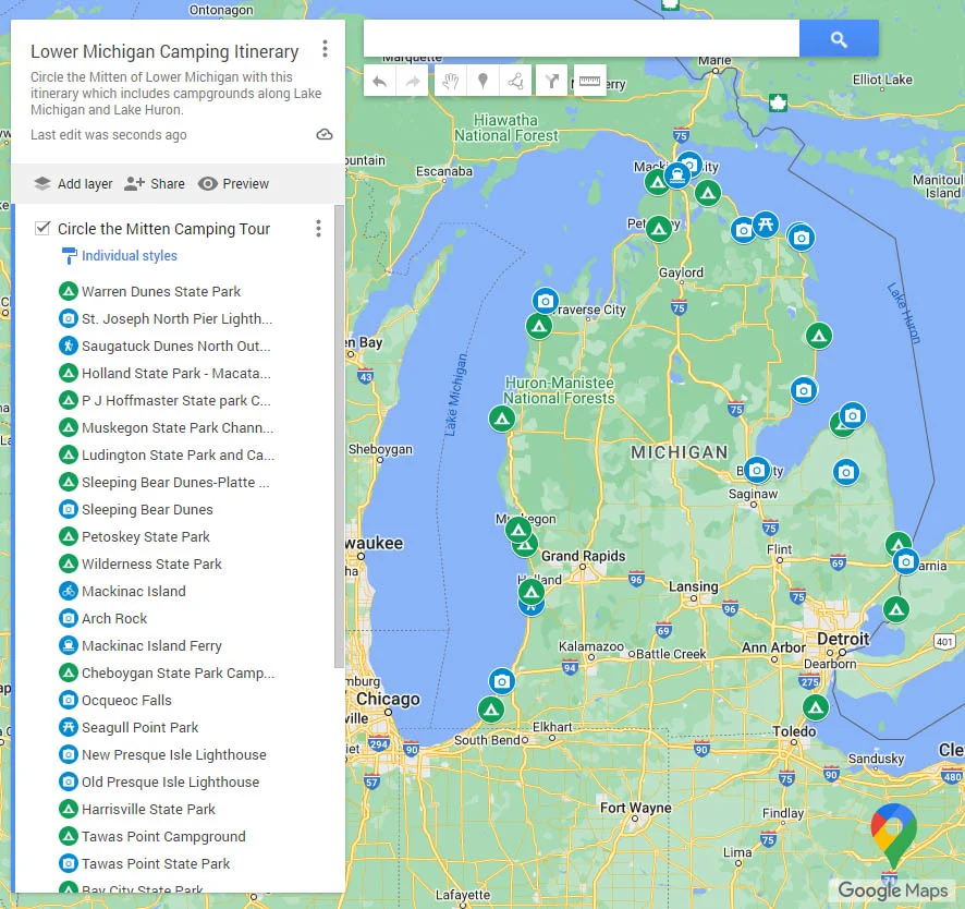 Map of Great Lake Campgrounds in Lower Michigan