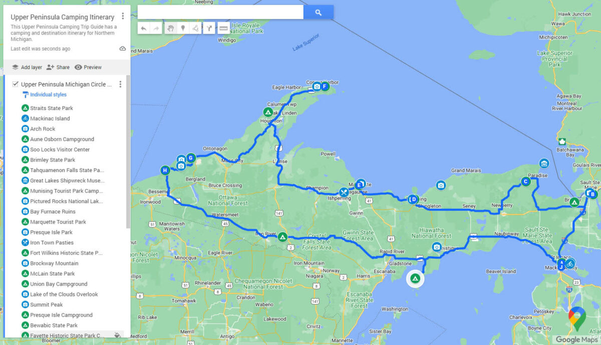 Map with driving path around Upper Peninsula of Michigan marked
