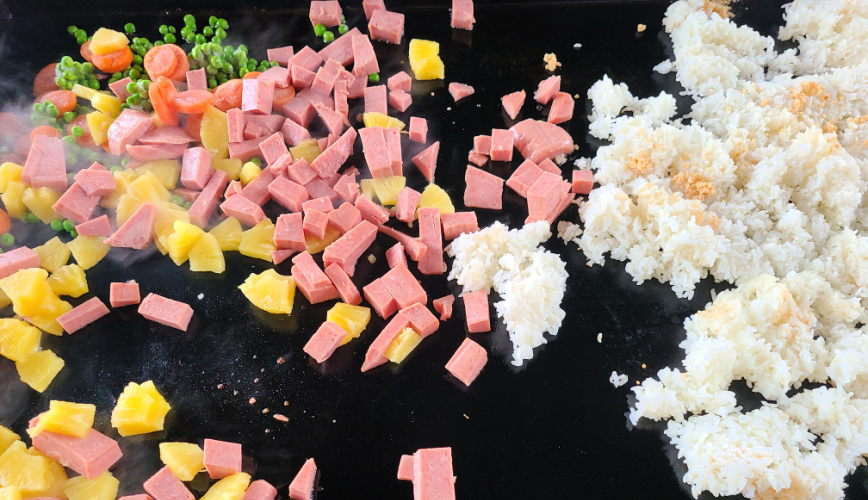 Spam Fried Rice being prepared on a Blackstone Griddle