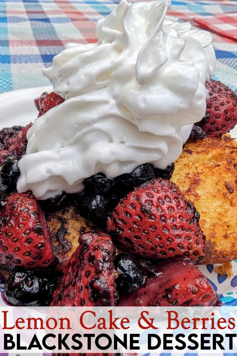 grilled berries on lemon pound cake with whipped topping on top