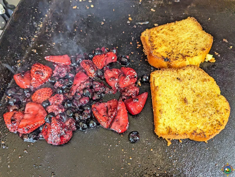 berries and cake on the griddle
