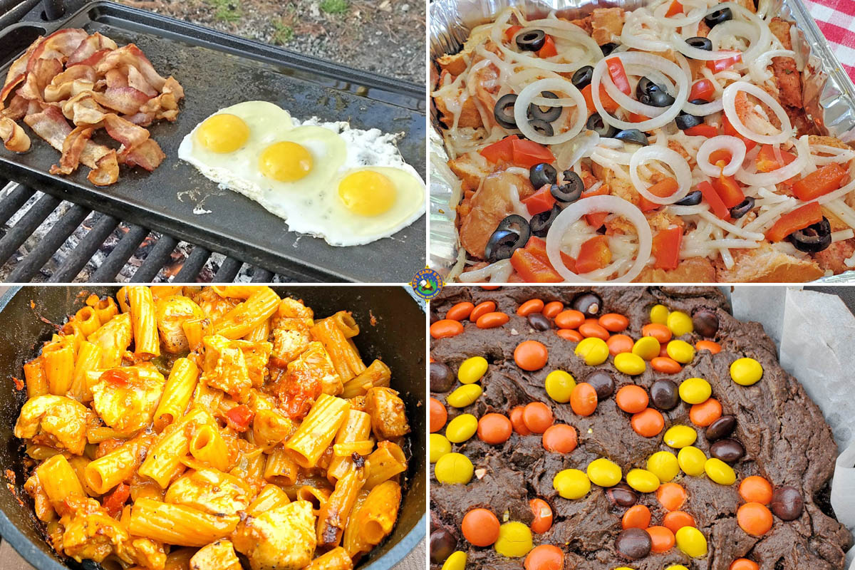 camping breakfast, lunch, dinner, and dessert